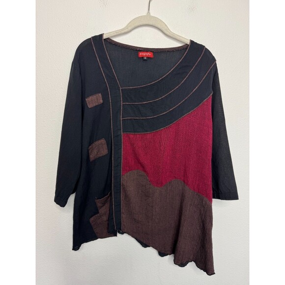 Dragonfly Medium Blouse Black Red Colorblock Tunic 3/4 Sleeve Cotton - Picture 2 of 8